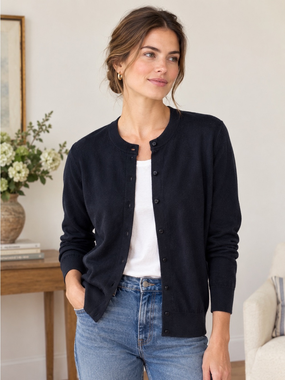 J. Crew Black Button-Front Crewneck Cardigan